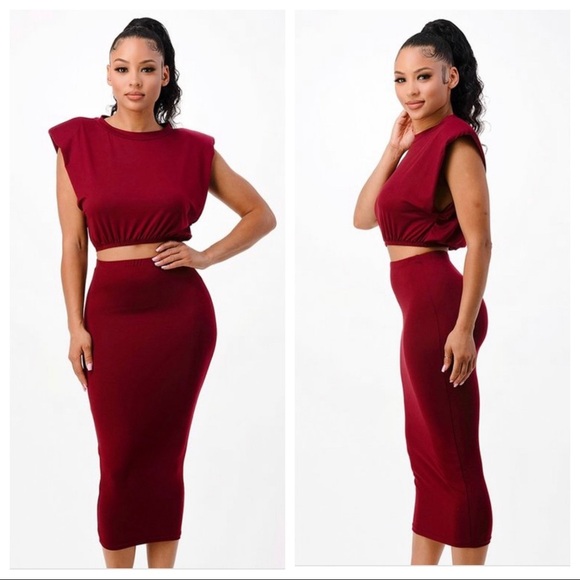 NEW TRENDY BURGUNDY TWO PIECE SHOULDER PAD CROP TOP SHIRT MIDI CALF SKIRT SET - Picture 4 of 4